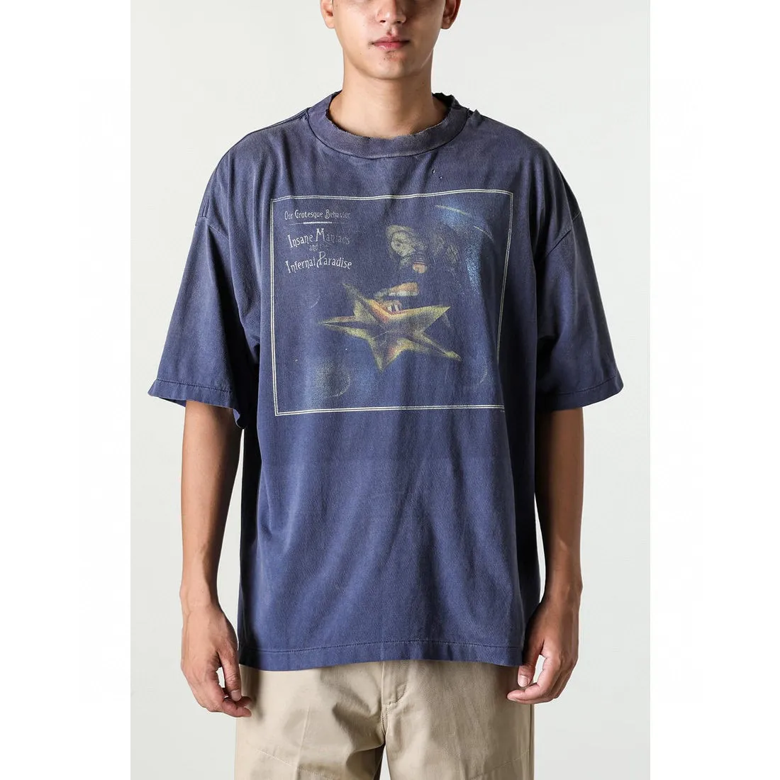 CACTUS PLANT FLEA MARKET x SAINT Mxxxxxx STAR SS TEE/NAVY New CPFM star smiley holed distressed short sleeves Washed blue S-XL Genuine consistent tube weaving without side seams High weight OE yarn fabric Assute dyeing Multiple horse fades Heavy wash water Worn holes Customized joint main mark/wash mark/little angel anti-counterfeiting label